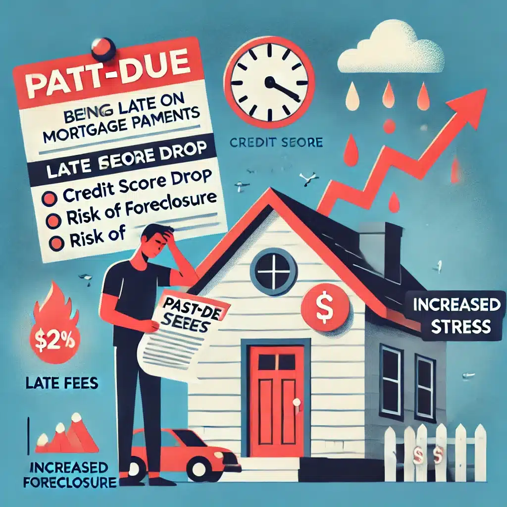 DALL·E 2024-09-27 23.02.51 – An infographic-style image showing how being late on mortgage payments affects a homeowner. The central image is a distressed person holding a past-du